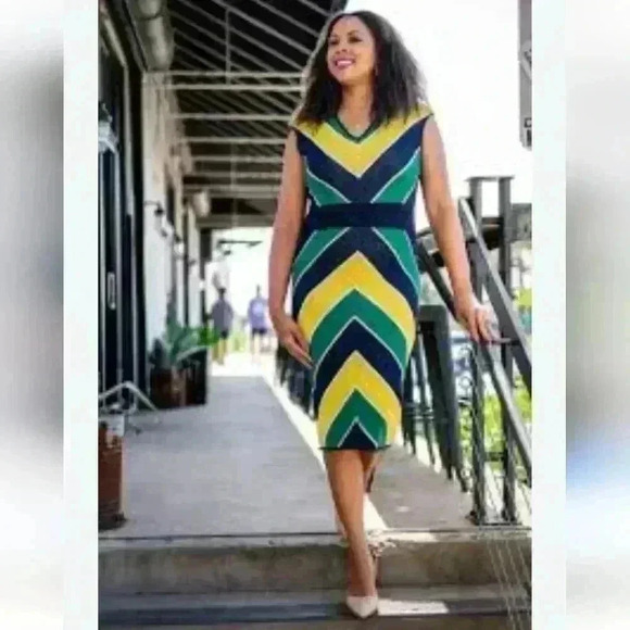 New York & Co Striped Green and Blue Chevron Dress Size Medium - Picture 1 of 6